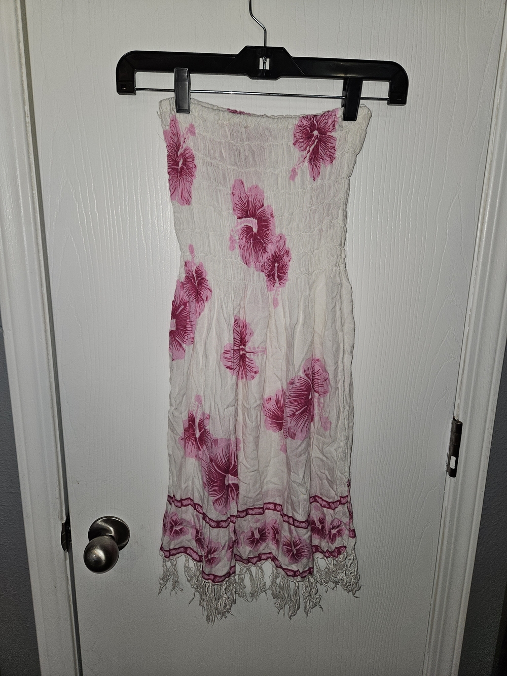White & Pink Floral Strapless Swim Coverup Dress